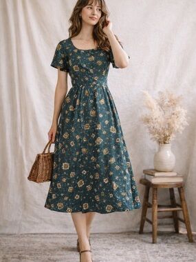 Vintage 90s Green Floral Midi Flowy Dress with Short Sleeves Cottagecore Smocked